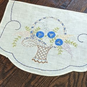 Vintage Embroidered Flower Basket Dresser Scarf